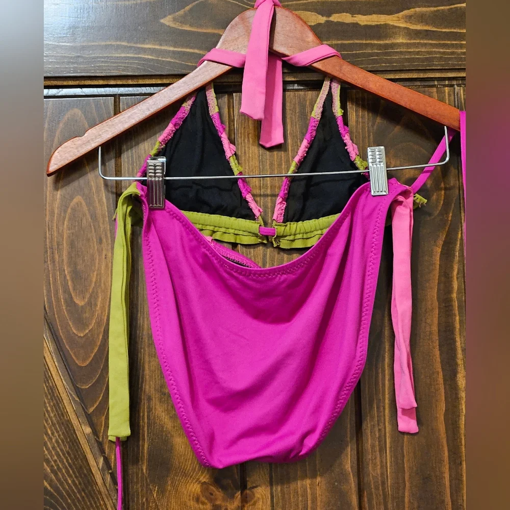 BECCA triangle bikini L pink green EUC Rebecca V string coquette girl ruffles